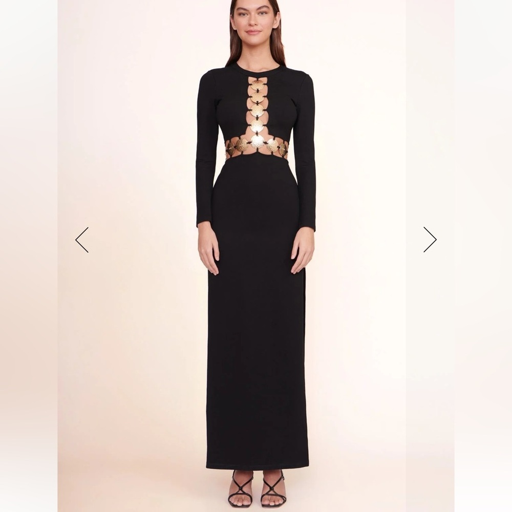STAUD Black and Gold Bodycon Maxi Dress with Cuffed Long Sleeves